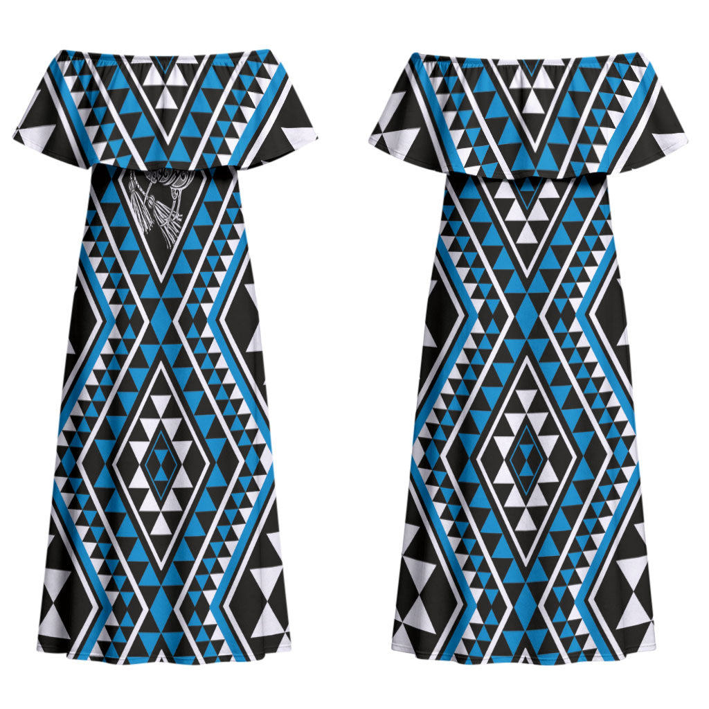 New Zealand Kikorangi Taniko Motifs Couples Matching Off Shoulder Maxi Dress and Long Sleeve Button Shirt Maori Poi Dance Costume Inspired