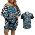 New Zealand Kikorangi Taniko Motifs Couples Matching Off Shoulder Short Dress and Hawaiian Shirt Maori Poi Dance Costume Inspired