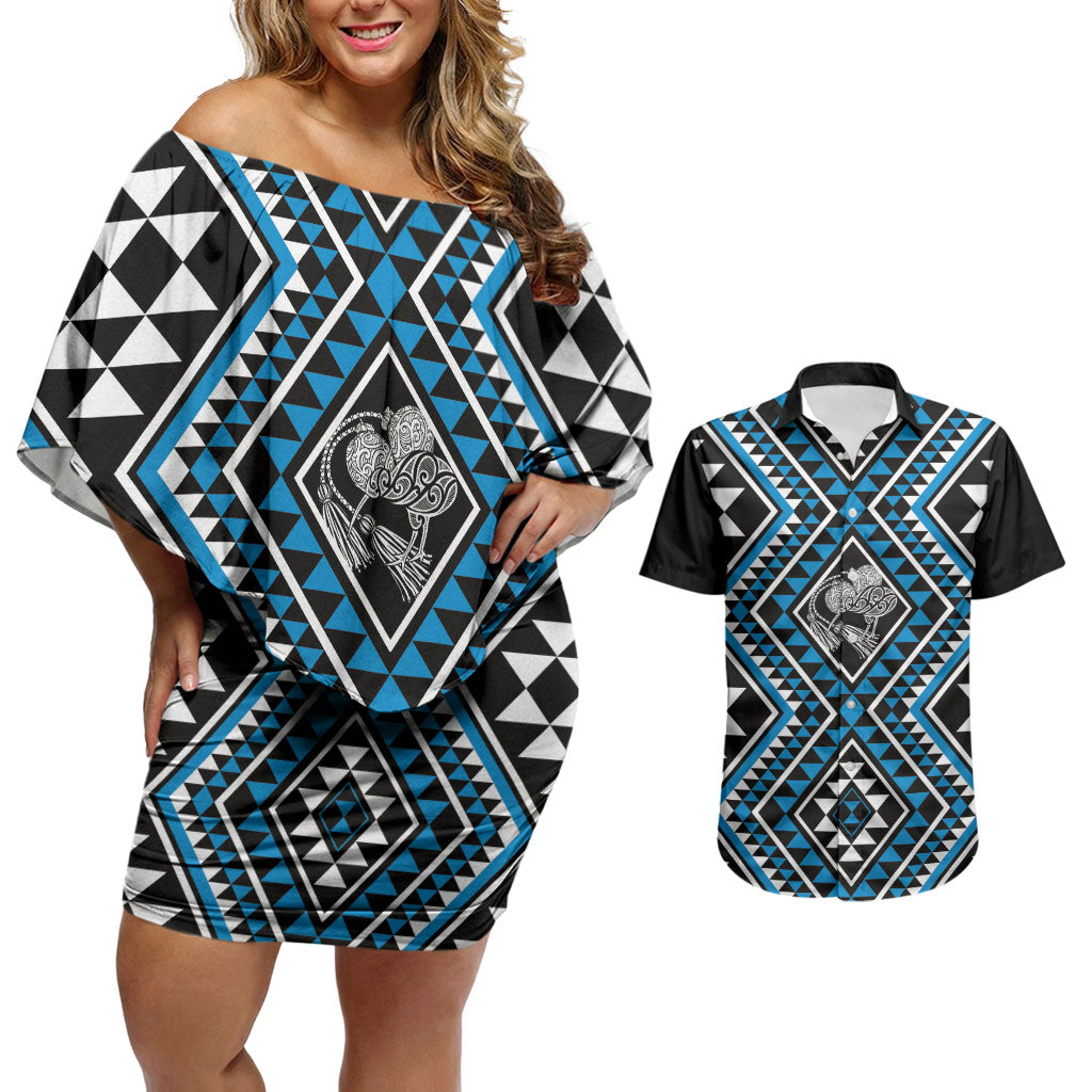 New Zealand Kikorangi Taniko Motifs Couples Matching Off Shoulder Short Dress and Hawaiian Shirt Maori Poi Dance Costume Inspired