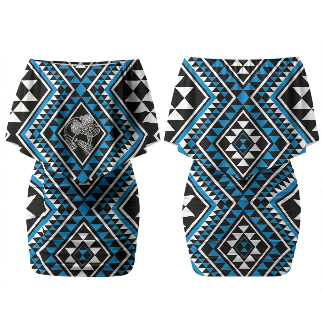 New Zealand Kikorangi Taniko Motifs Couples Matching Off Shoulder Short Dress and Hawaiian Shirt Maori Poi Dance Costume Inspired