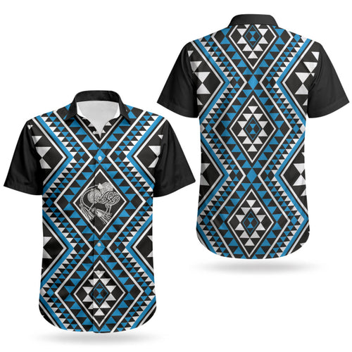 New Zealand Kikorangi Taniko Motifs Couples Matching Off Shoulder Short Dress and Hawaiian Shirt Maori Poi Dance Costume Inspired