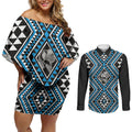 New Zealand Kikorangi Taniko Motifs Couples Matching Off Shoulder Short Dress and Long Sleeve Button Shirt Maori Poi Dance Costume Inspired