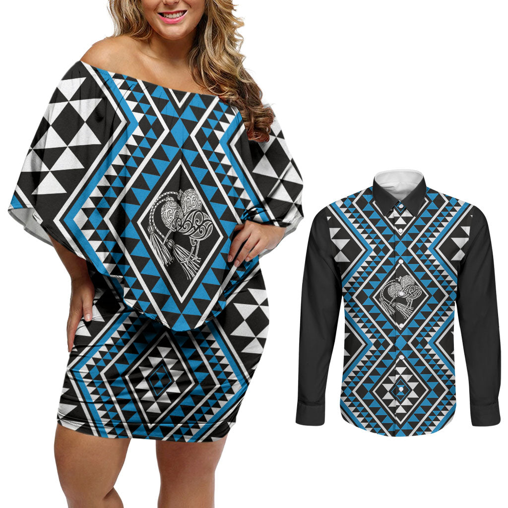 New Zealand Kikorangi Taniko Motifs Couples Matching Off Shoulder Short Dress and Long Sleeve Button Shirt Maori Poi Dance Costume Inspired