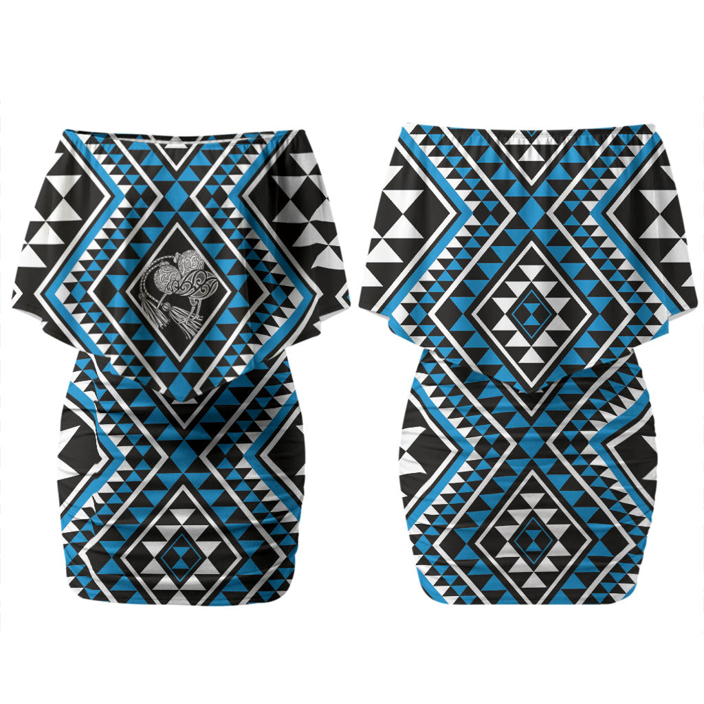 New Zealand Kikorangi Taniko Motifs Couples Matching Off Shoulder Short Dress and Long Sleeve Button Shirt Maori Poi Dance Costume Inspired