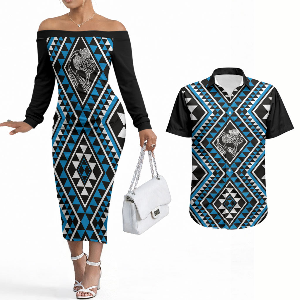 New Zealand Kikorangi Taniko Motifs Couples Matching Off The Shoulder Long Sleeve Dress and Hawaiian Shirt Maori Poi Dance Costume Inspired