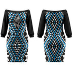 New Zealand Kikorangi Taniko Motifs Couples Matching Off The Shoulder Long Sleeve Dress and Hawaiian Shirt Maori Poi Dance Costume Inspired