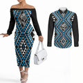 New Zealand Kikorangi Taniko Motifs Couples Matching Off The Shoulder Long Sleeve Dress and Long Sleeve Button Shirt Maori Poi Dance Costume Inspired