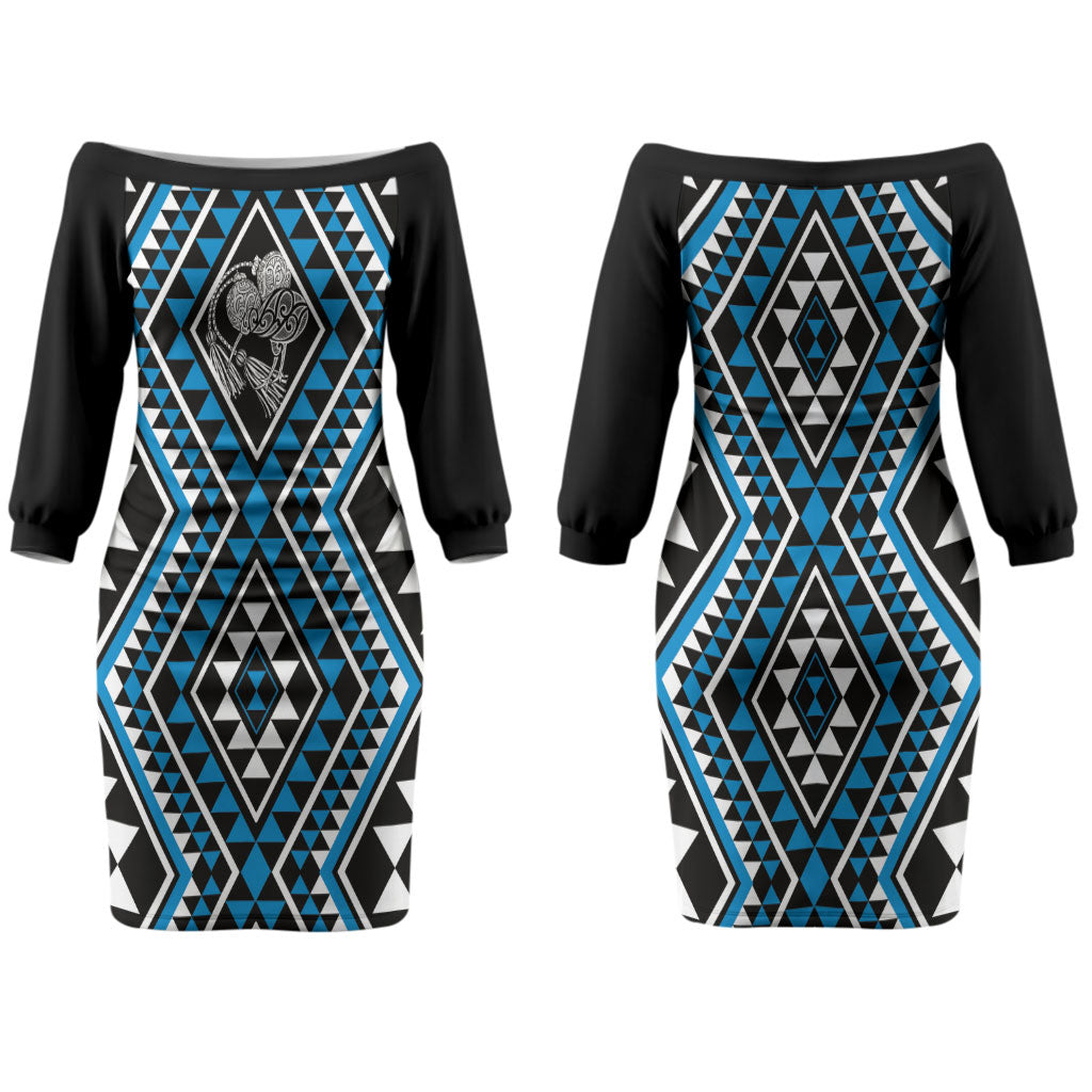 New Zealand Kikorangi Taniko Motifs Couples Matching Off The Shoulder Long Sleeve Dress and Long Sleeve Button Shirt Maori Poi Dance Costume Inspired