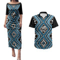 New Zealand Kikorangi Taniko Motifs Couples Matching Puletasi and Hawaiian Shirt Maori Poi Dance Costume Inspired