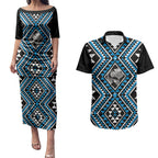 New Zealand Kikorangi Taniko Motifs Couples Matching Puletasi and Hawaiian Shirt Maori Poi Dance Costume Inspired