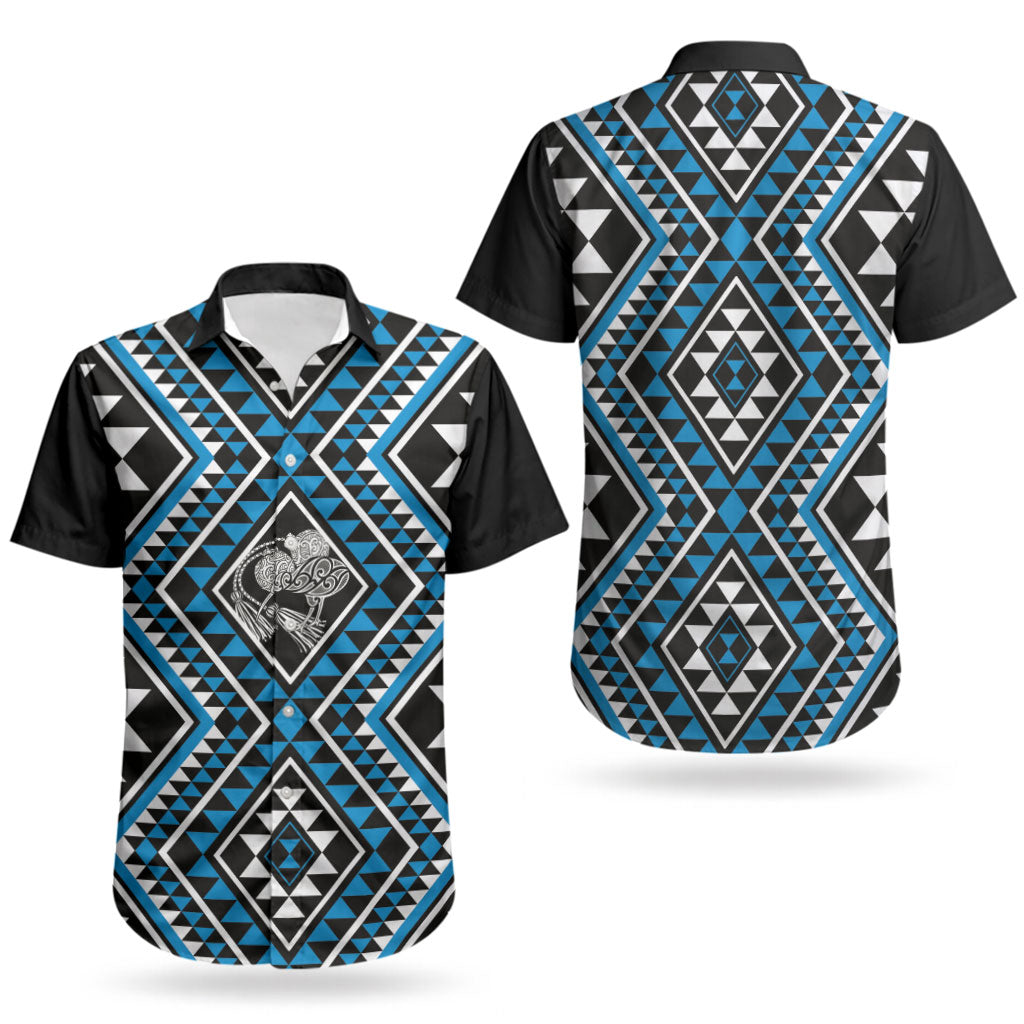 New Zealand Kikorangi Taniko Motifs Couples Matching Puletasi and Hawaiian Shirt Maori Poi Dance Costume Inspired