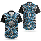 New Zealand Kikorangi Taniko Motifs Couples Matching Puletasi and Hawaiian Shirt Maori Poi Dance Costume Inspired