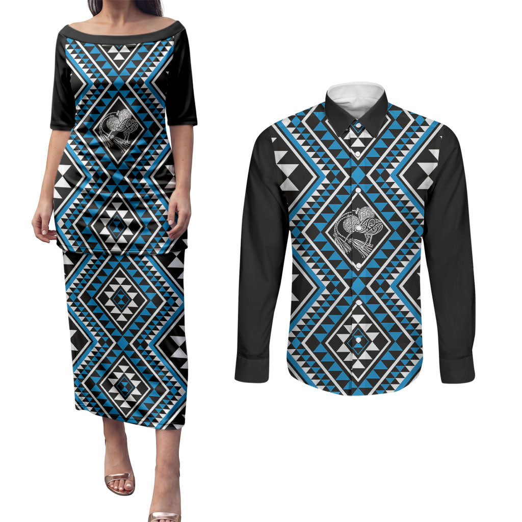New Zealand Kikorangi Taniko Motifs Couples Matching Puletasi and Long Sleeve Button Shirt Maori Poi Dance Costume Inspired
