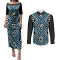 New Zealand Kikorangi Taniko Motifs Couples Matching Puletasi and Long Sleeve Button Shirt Maori Poi Dance Costume Inspired