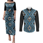 New Zealand Kikorangi Taniko Motifs Couples Matching Puletasi and Long Sleeve Button Shirt Maori Poi Dance Costume Inspired