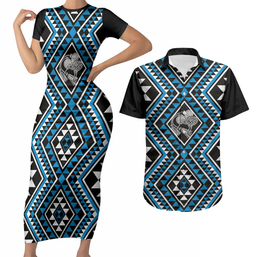 New Zealand Kikorangi Taniko Motifs Couples Matching Short Sleeve Bodycon Dress and Hawaiian Shirt Maori Poi Dance Costume Inspired