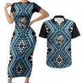 New Zealand Kikorangi Taniko Motifs Couples Matching Short Sleeve Bodycon Dress and Hawaiian Shirt Maori Poi Dance Costume Inspired