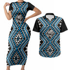 New Zealand Kikorangi Taniko Motifs Couples Matching Short Sleeve Bodycon Dress and Hawaiian Shirt Maori Poi Dance Costume Inspired