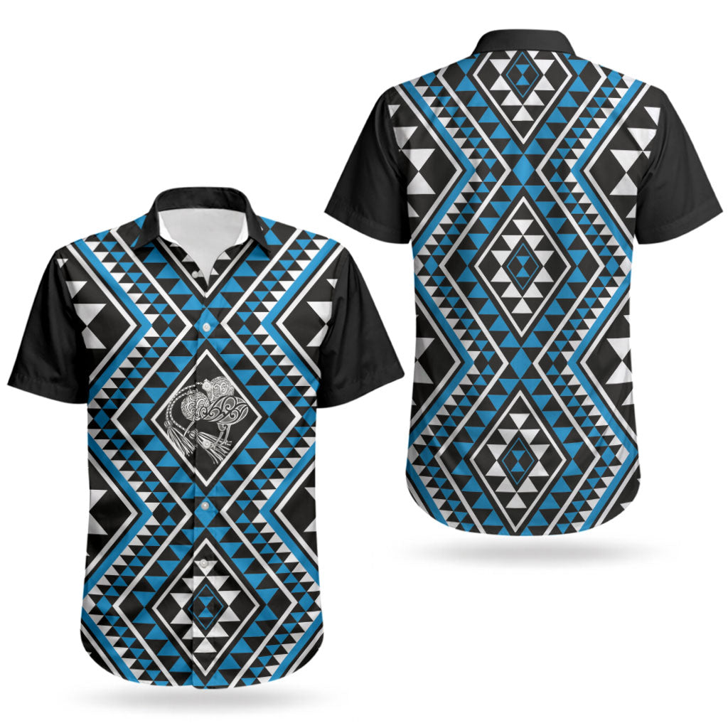 New Zealand Kikorangi Taniko Motifs Couples Matching Short Sleeve Bodycon Dress and Hawaiian Shirt Maori Poi Dance Costume Inspired