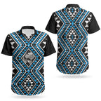 New Zealand Kikorangi Taniko Motifs Couples Matching Short Sleeve Bodycon Dress and Hawaiian Shirt Maori Poi Dance Costume Inspired