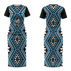 New Zealand Kikorangi Taniko Motifs Couples Matching Short Sleeve Bodycon Dress and Hawaiian Shirt Maori Poi Dance Costume Inspired