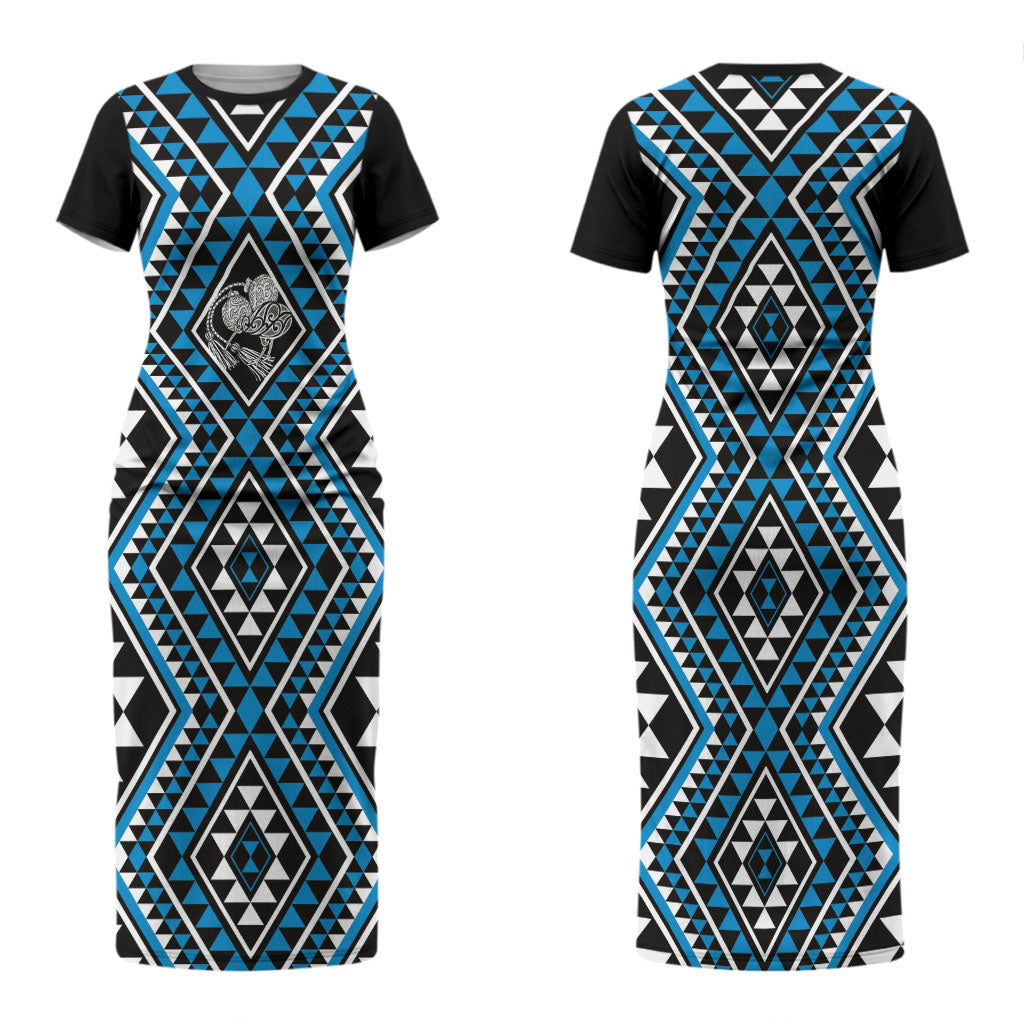 New Zealand Kikorangi Taniko Motifs Couples Matching Short Sleeve Bodycon Dress and Hawaiian Shirt Maori Poi Dance Costume Inspired