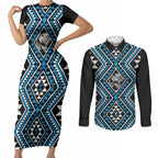 New Zealand Kikorangi Taniko Motifs Couples Matching Short Sleeve Bodycon Dress and Long Sleeve Button Shirt Maori Poi Dance Costume Inspired