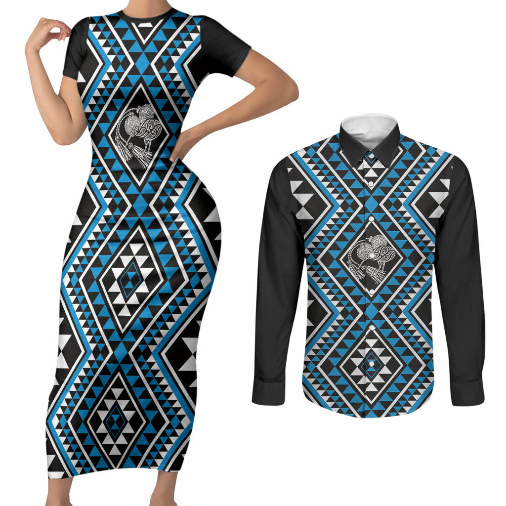 New Zealand Kikorangi Taniko Motifs Couples Matching Short Sleeve Bodycon Dress and Long Sleeve Button Shirt Maori Poi Dance Costume Inspired