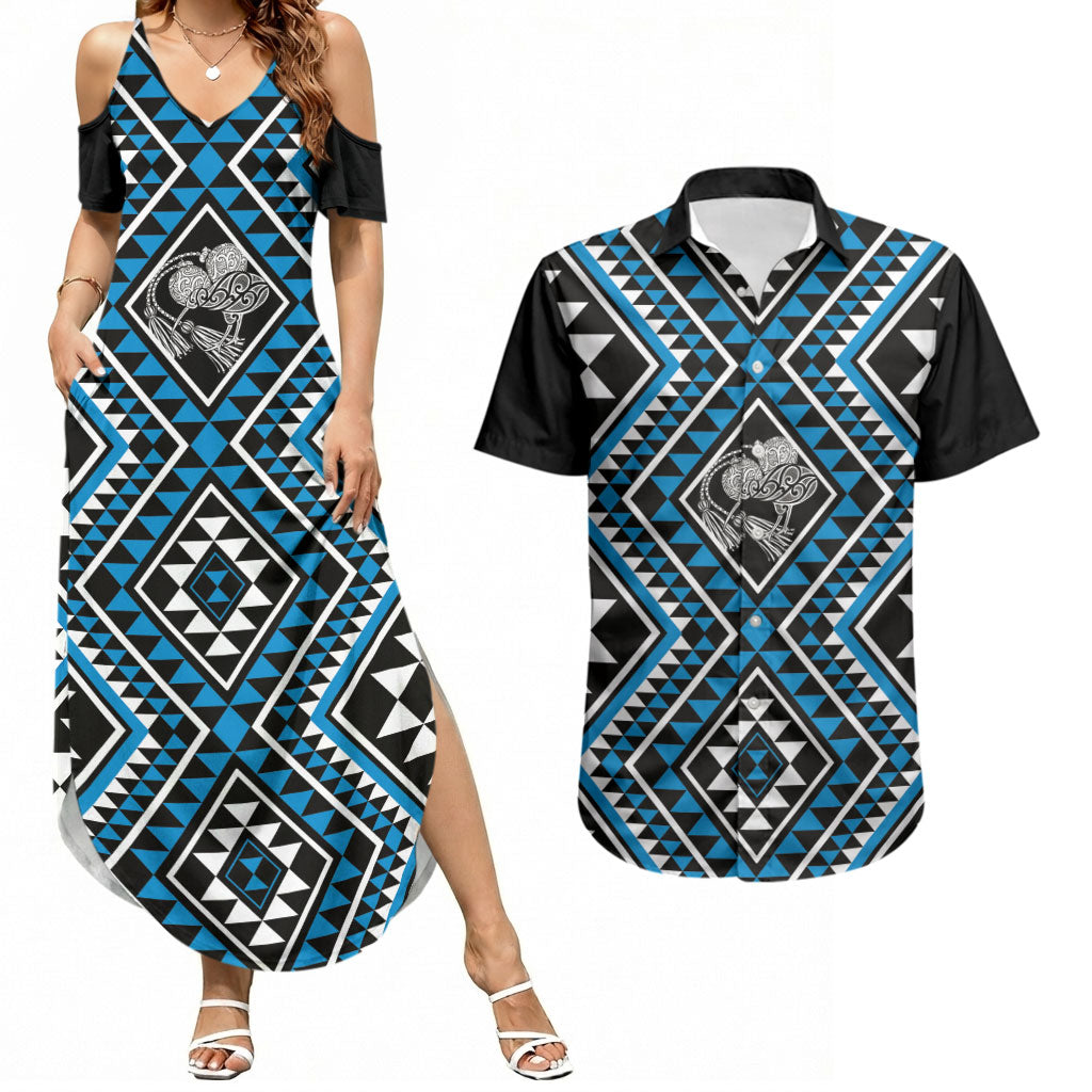 New Zealand Kikorangi Taniko Motifs Couples Matching Summer Maxi Dress and Hawaiian Shirt Maori Poi Dance Costume Inspired