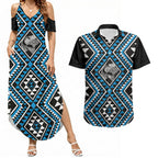 New Zealand Kikorangi Taniko Motifs Couples Matching Summer Maxi Dress and Hawaiian Shirt Maori Poi Dance Costume Inspired