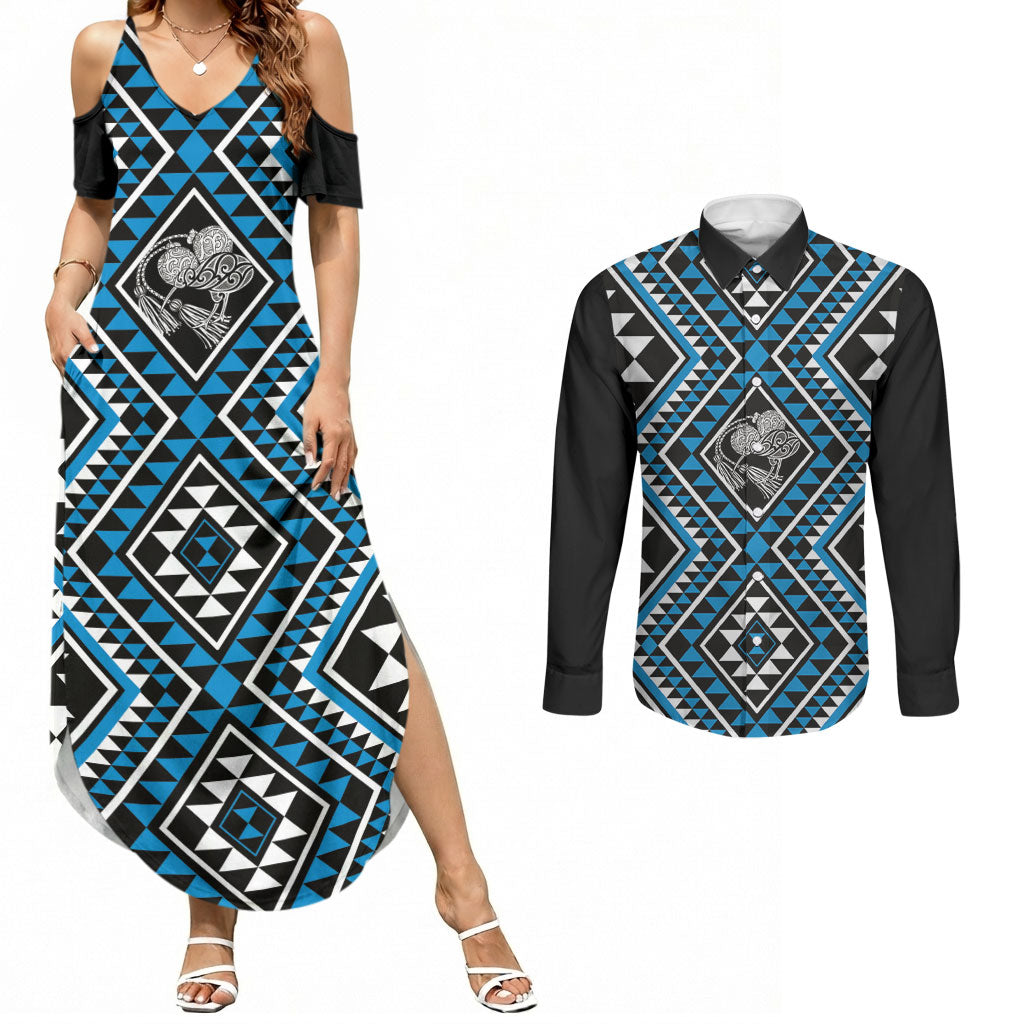 New Zealand Kikorangi Taniko Motifs Couples Matching Summer Maxi Dress and Long Sleeve Button Shirt Maori Poi Dance Costume Inspired