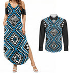 New Zealand Kikorangi Taniko Motifs Couples Matching Summer Maxi Dress and Long Sleeve Button Shirt Maori Poi Dance Costume Inspired