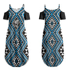 New Zealand Kikorangi Taniko Motifs Couples Matching Summer Maxi Dress and Long Sleeve Button Shirt Maori Poi Dance Costume Inspired