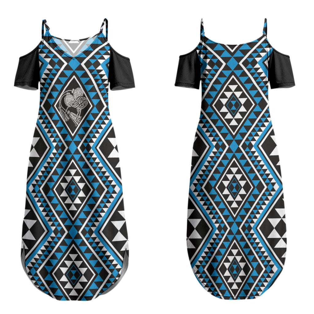 New Zealand Kikorangi Taniko Motifs Couples Matching Summer Maxi Dress and Long Sleeve Button Shirt Maori Poi Dance Costume Inspired