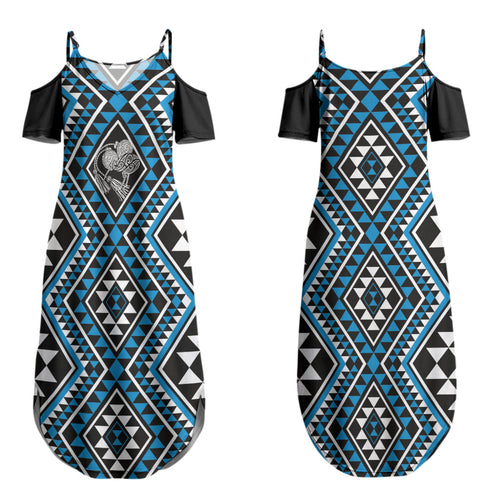 New Zealand Kikorangi Taniko Motifs Couples Matching Summer Maxi Dress and Long Sleeve Button Shirt Maori Poi Dance Costume Inspired