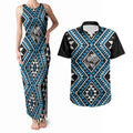 New Zealand Kikorangi Taniko Motifs Couples Matching Tank Maxi Dress and Hawaiian Shirt Maori Poi Dance Costume Inspired