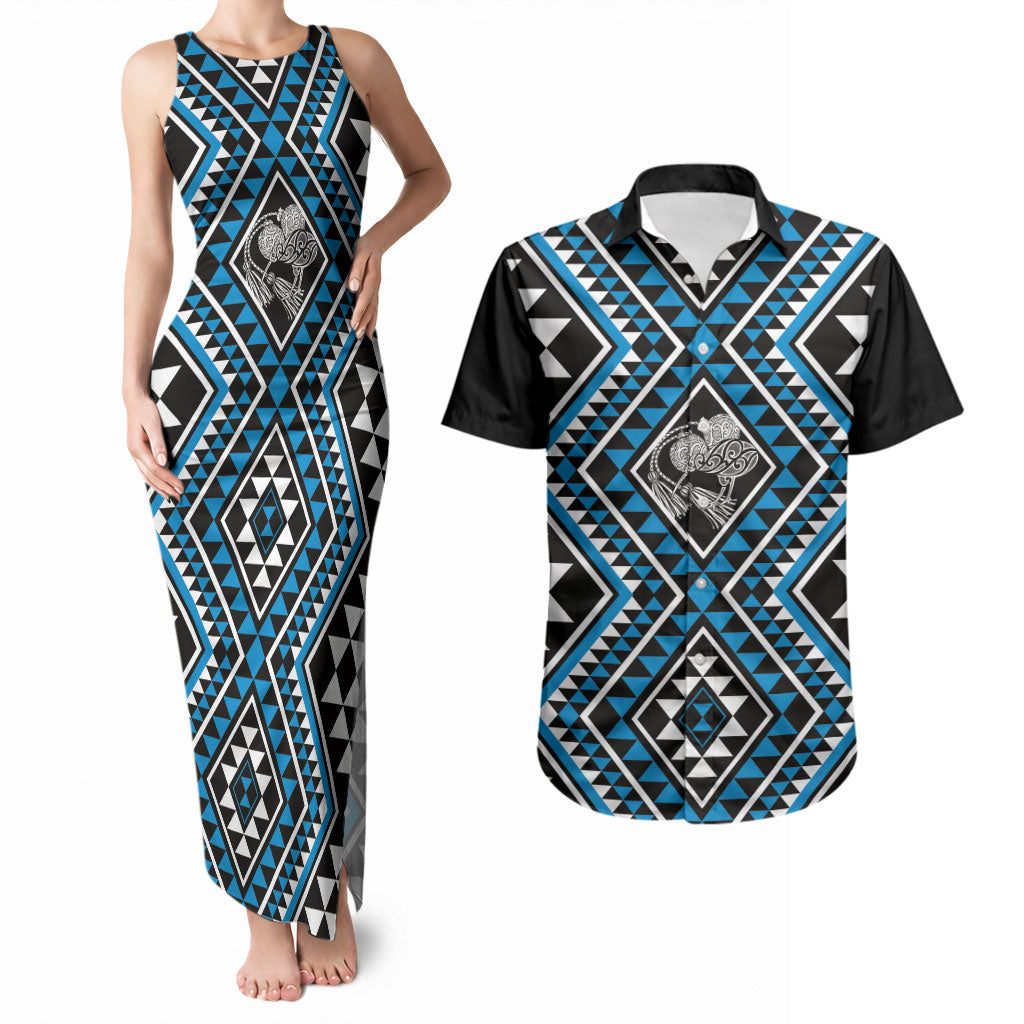 New Zealand Kikorangi Taniko Motifs Couples Matching Tank Maxi Dress and Hawaiian Shirt Maori Poi Dance Costume Inspired