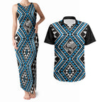 New Zealand Kikorangi Taniko Motifs Couples Matching Tank Maxi Dress and Hawaiian Shirt Maori Poi Dance Costume Inspired