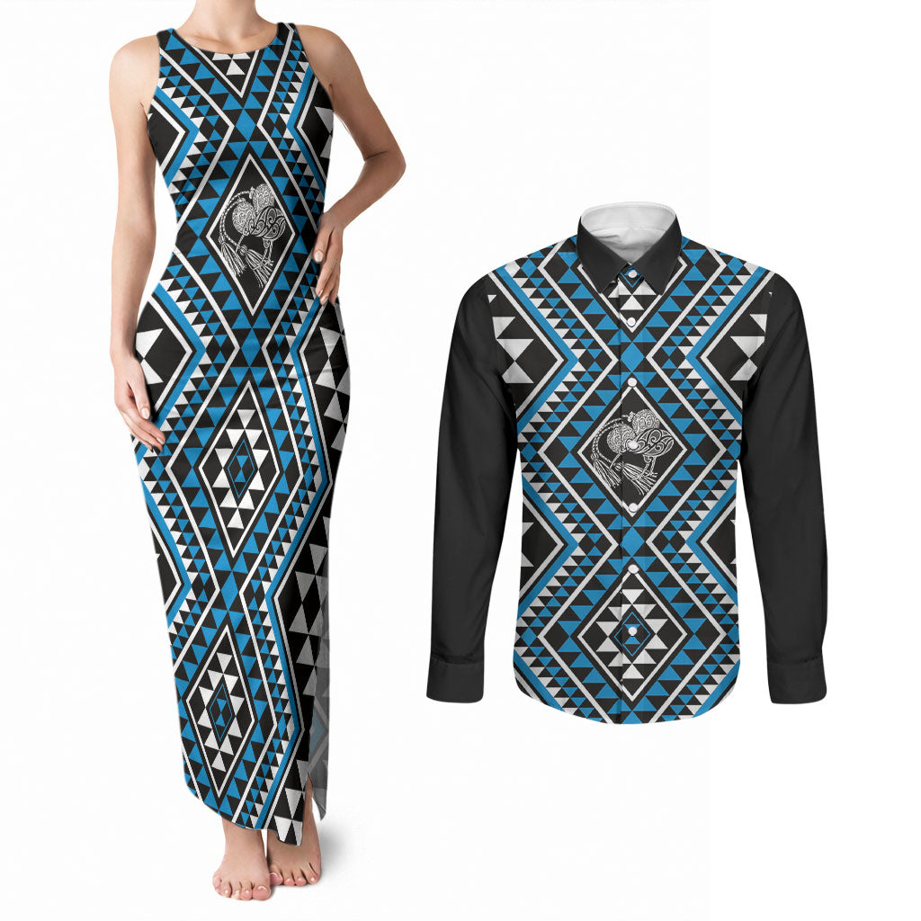New Zealand Kikorangi Taniko Motifs Couples Matching Tank Maxi Dress and Long Sleeve Button Shirt Maori Poi Dance Costume Inspired