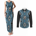 New Zealand Kikorangi Taniko Motifs Couples Matching Tank Maxi Dress and Long Sleeve Button Shirt Maori Poi Dance Costume Inspired