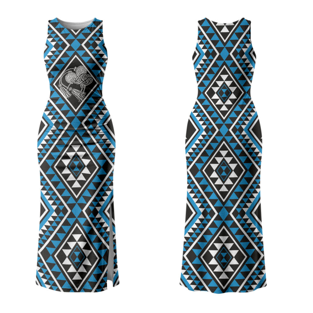 New Zealand Kikorangi Taniko Motifs Couples Matching Tank Maxi Dress and Long Sleeve Button Shirt Maori Poi Dance Costume Inspired