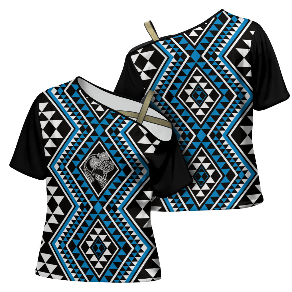 New Zealand Kikorangi Taniko Motifs Cross Shoulder Shirt Maori Poi Dance Costume Inspired