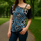 New Zealand Kikorangi Taniko Motifs Cross Shoulder Shirt Maori Poi Dance Costume Inspired