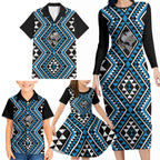 New Zealand Kikorangi Taniko Motifs Family Matching Long Sleeve Bodycon Dress and Hawaiian Shirt Maori Poi Dance Costume Inspired