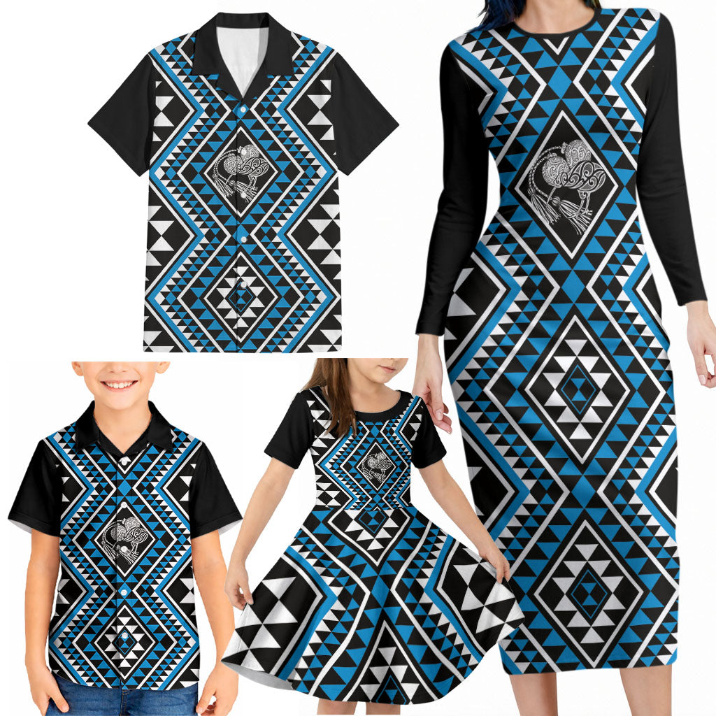 New Zealand Kikorangi Taniko Motifs Family Matching Long Sleeve Bodycon Dress and Hawaiian Shirt Maori Poi Dance Costume Inspired