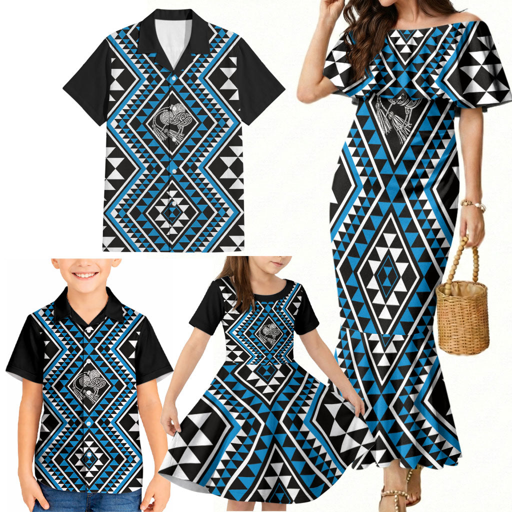 New Zealand Kikorangi Taniko Motifs Family Matching Mermaid Dress and Hawaiian Shirt Maori Poi Dance Costume Inspired