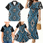New Zealand Kikorangi Taniko Motifs Family Matching Mermaid Dress and Hawaiian Shirt Maori Poi Dance Costume Inspired