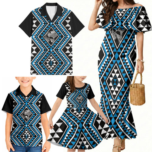 New Zealand Kikorangi Taniko Motifs Family Matching Mermaid Dress and Hawaiian Shirt Maori Poi Dance Costume Inspired