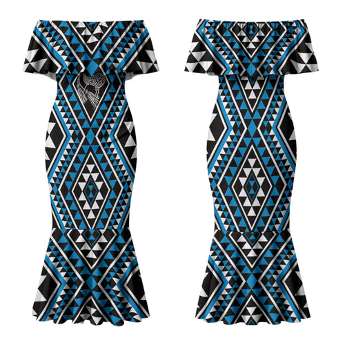 New Zealand Kikorangi Taniko Motifs Family Matching Mermaid Dress and Hawaiian Shirt Maori Poi Dance Costume Inspired
