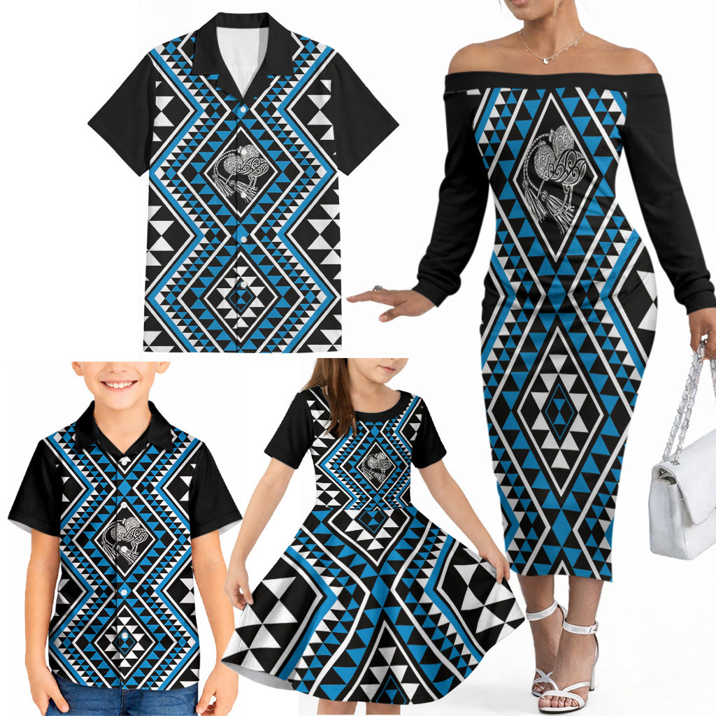 New Zealand Kikorangi Taniko Motifs Family Matching Off The Shoulder Long Sleeve Dress and Hawaiian Shirt Maori Poi Dance Costume Inspired